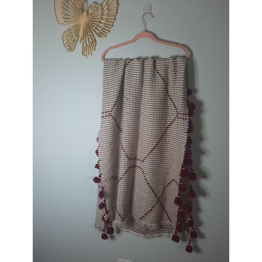 Madewell Wool Blend Oversized Blanket Scarf Burgundy Cream Tassel